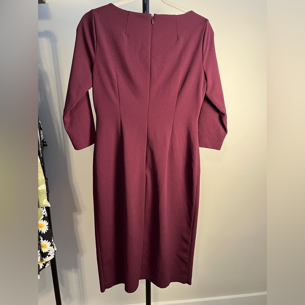 Calvin Klein Burgundy Asymmetrical Sheath‎ Midi Dress 8 3/4 Sleeve Front Slit - Picture 4 of 8